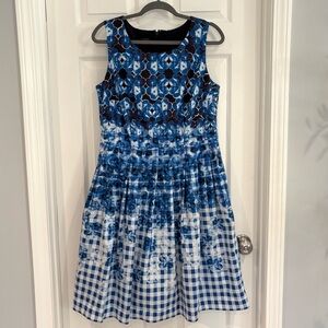 Talbots Fit &Flare Pleated Blue Floral Ombre Gingham Plaid Printed Dress Size 12